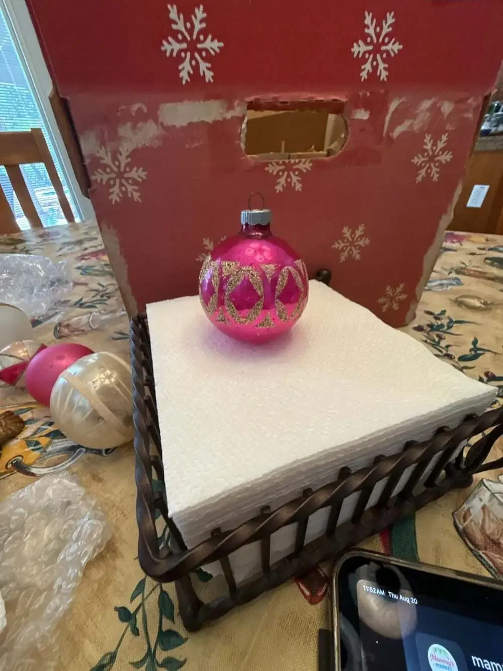 Vtg Shiny Brite Hot Pink Mercury Glass ornament Gold Glitter Stencil Design